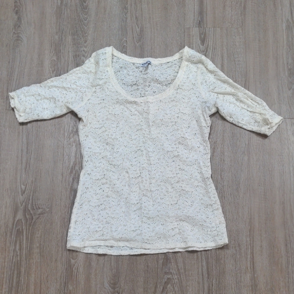 Express Gray and White Fitted 3/4 Sleeve Blouse - Picture 1 of 3
